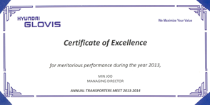 Certificate of Excellence to Chetak by Hyundai for the year of 2013